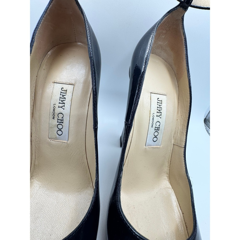 Jimmy Choo Navy Blue Patent Leather Ankle Strap Block Heel Pumps Womens 36.5 - Picture 2 of 10